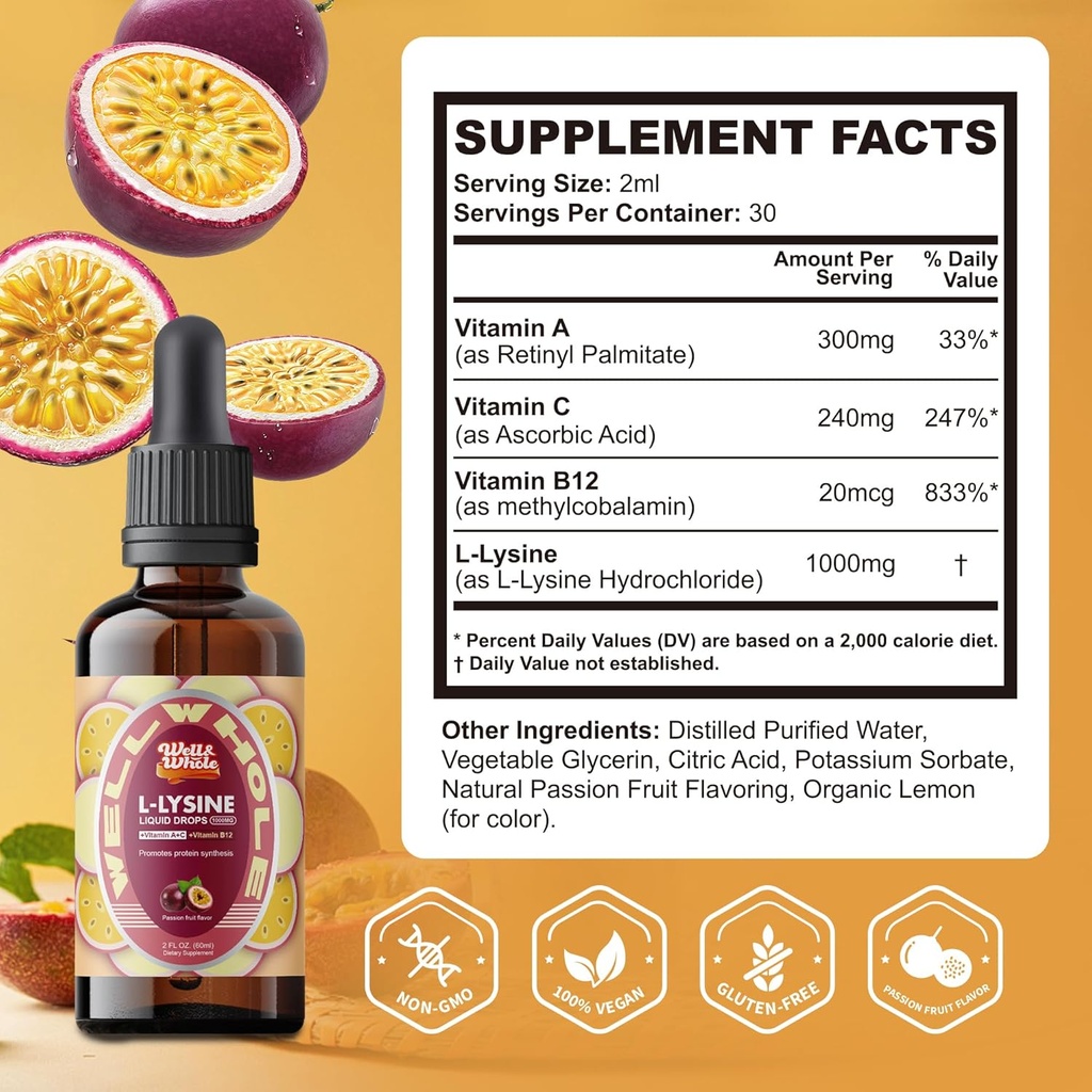 L-Lysine Supplement Liquid Drops | L-Lysine 1000mg Tincture with Vitamin A, C, and B12 for Adults & Kids | Immune Support, Skin & Lips Health, Collagen Synthesis | Non-GMO, Vegan, 2 Fl Oz (60 ML) 3
