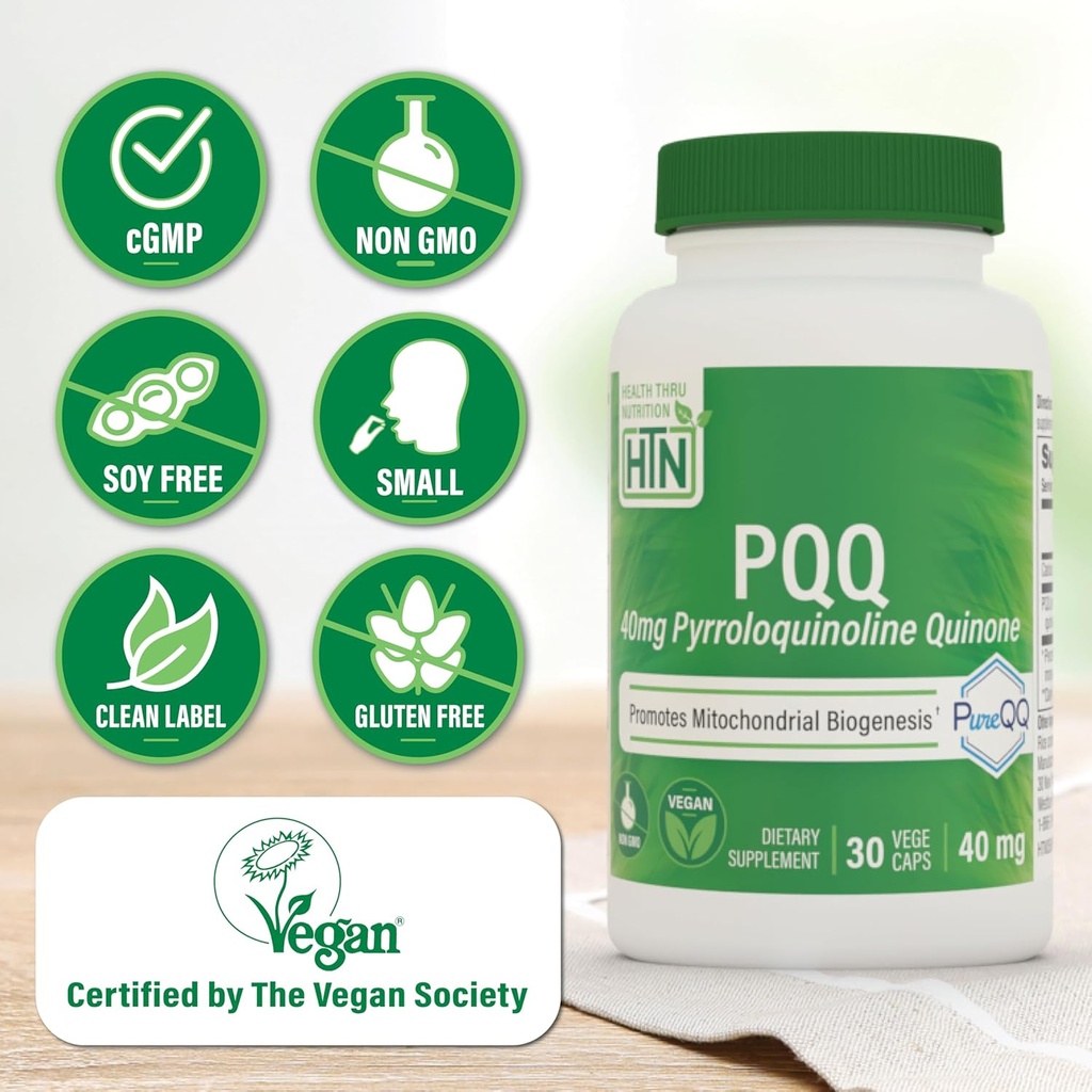 Health Thru Nutrition PQQ 40mg 30 Servings Pyrroloquinoline Quinone as PureQQ | Promotes Mitochondrial Biogenesis | Certified Vegan | Non-GMO Gluten Soy Free Capsules| Clean Label PQQ Supplement 4