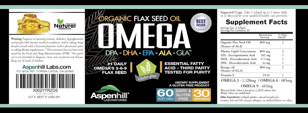 Flax Seed Oil - Omega 3 Super Blend with DPA, EPA, DHA, ALA and GLA with Fish, Borage and Organic Flax Seed Oil - Over 2,400 Milligram Strength - Gluten Free - Made in The USA - 60 SoftGels 3