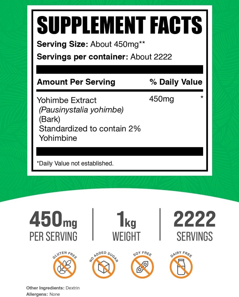 BulkSupplements.com Yohimbe Extract Powder - Yohimbe Bark Extract - Herbal Supplement, Gluten Free, 450mg per Serving, 1kg (2.2 lbs) (Pack of 1) 3