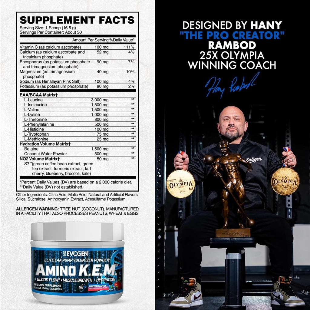 Evogen Amino K.E.M. - EAA & BCAA Powder Pump Volumizer | BCAAs Amino Acids Supplement for Blood Flow, Muscle Growth, & Hydration | Blueberry Apple | 30 Servings 4