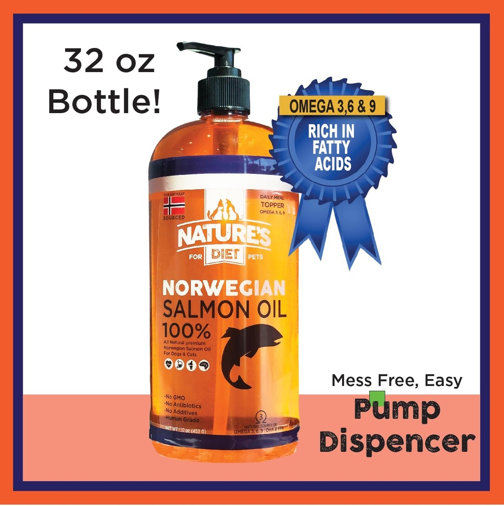 Nature's Diet Pet 32 oz Norwegian Salmon Oil Dogs & Cats - Natural Support for Joint Function Immune Heart Health Appetite Skin & Coat Omega 3 6 9 Liquid Food Topper EPA DHA Fatty Acids 5