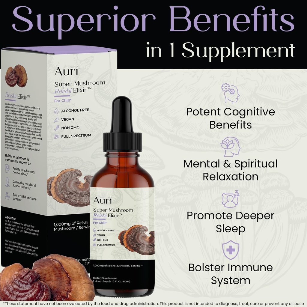 Auri Reishi Super Mushroom Elixir - Immune Booster and Stress Support Supplement to Achieve Deeper Sleep - Reishi Tincture 60ml 4