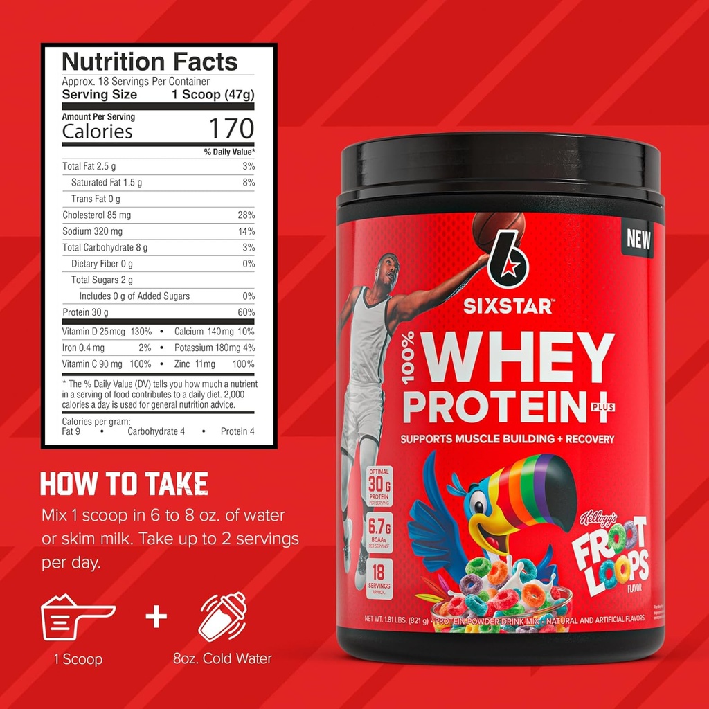Six Star Whey Protein Powder Plus - Muscle Building & Recovery Formula with Whey Isolate Powder, BCAAs, 30g Protein, Immune Support - Post-Workout Supplement - Kellogg’s Froot Loops Flavor, 1.8 lbs 6