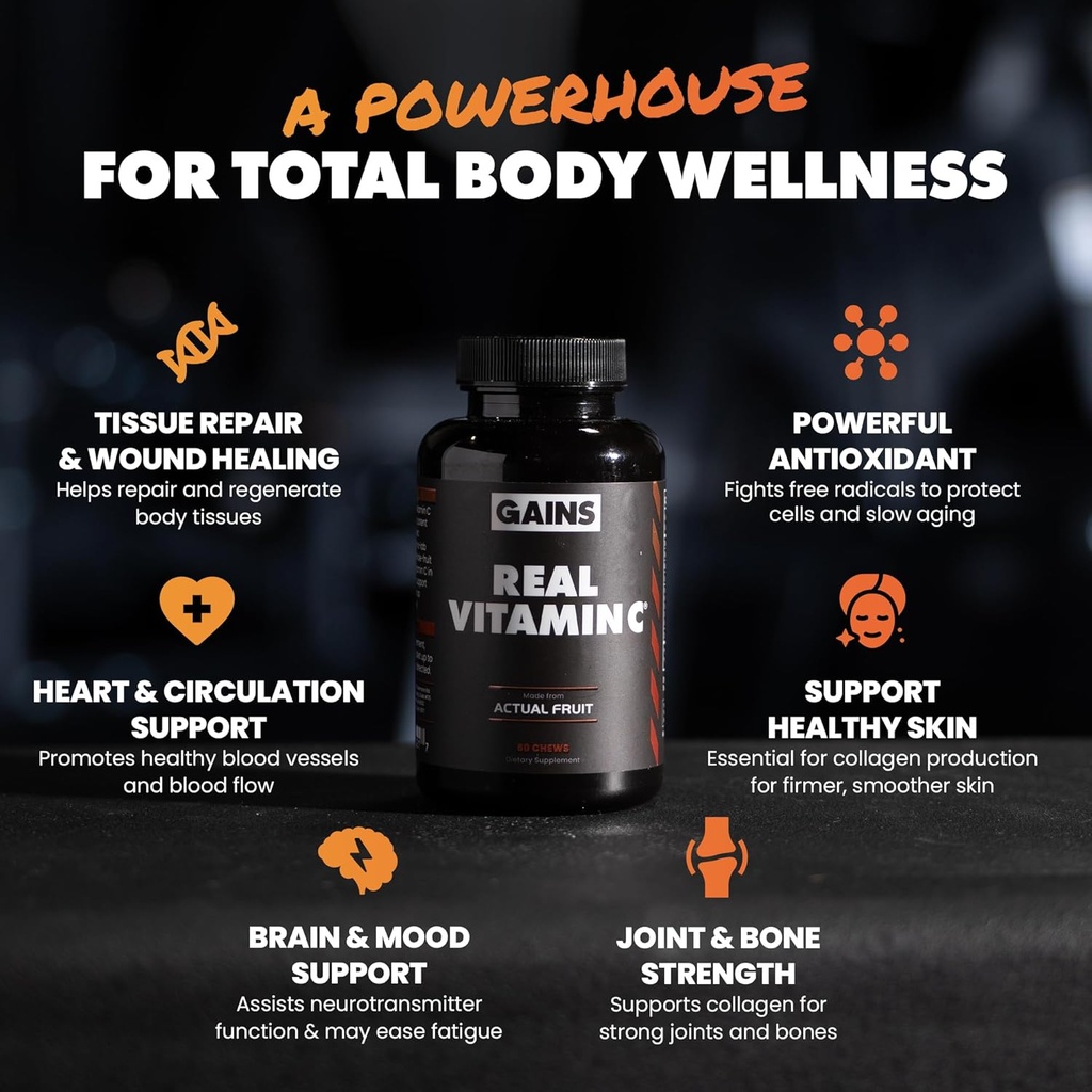 Gains in Bulk Real Vitamin C, Immune Support Chewable, Natural Vitamins with Citrus Bioflavonoids, Whole Food Vitamin C Supplement from Plant Sources, Vegan Supplements for Women and Men, 60 Tablets 4