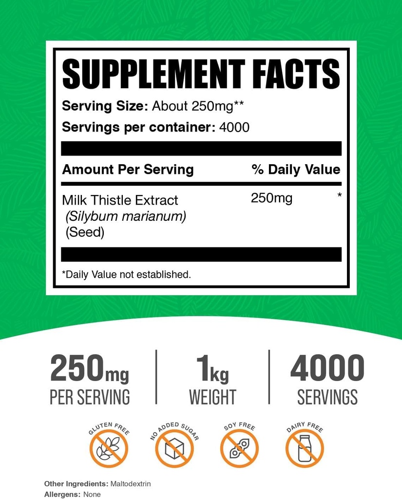 BulkSupplements.com Milk Thistle Extract Powder - Herbal Supplement, Milk Thistle Supplement - Gluten Free, 250mg per Serving, 1kg (2.2 lbs) (Pack of 1) 3