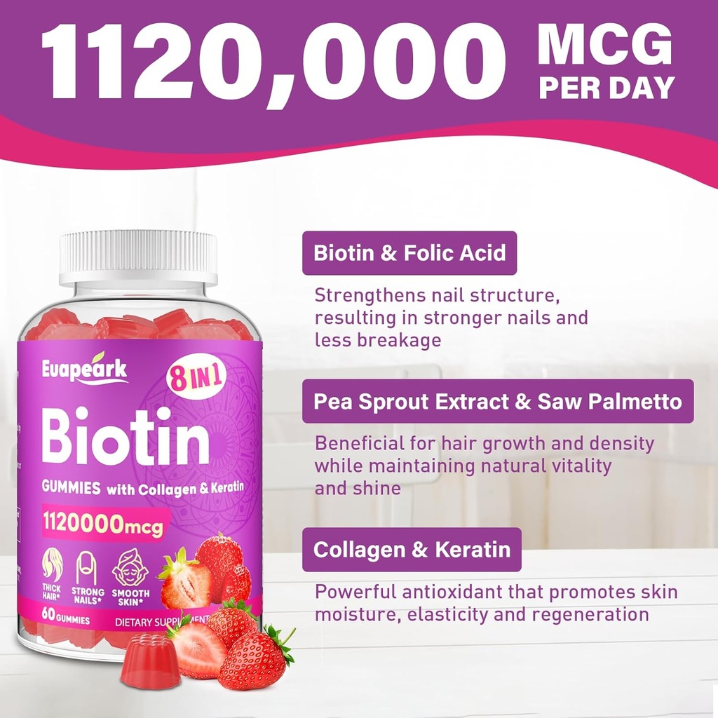 Biotin Gummies for Women and Men, 8 in 1 Organic Formula, Max Strength Biotin and Collagen Gummies with Keratin, Folic Acid & Vitamins, for Hair Growth, Skin and Nails Supplement, Sugar Free,120 Count 5