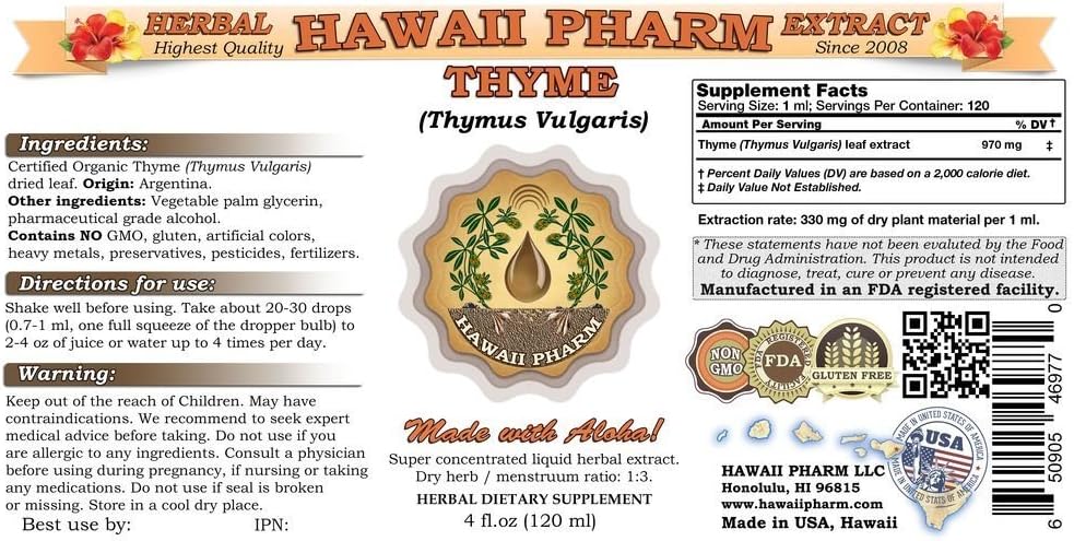 Thyme Liquid Extract, Organic Thyme (Thymus Vulgaris) Tincture, Herbal Supplement, Hawaii Pharm, Made in USA, 2x32 fl.oz 3