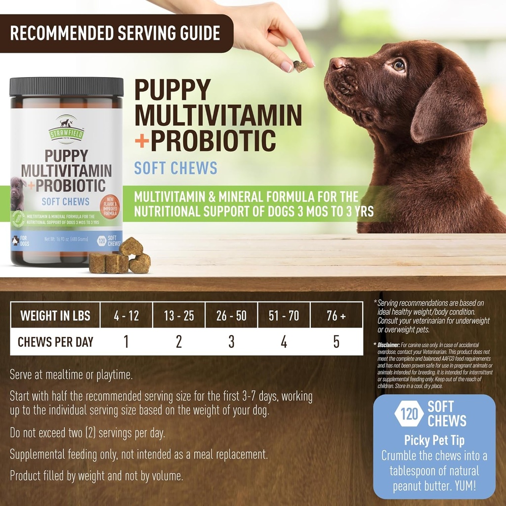 Strawfield Pets' Puppy Multivitamin + Probiotics for Dogs Puppy Vitamins with Joint Support Supplement for Dogs & Puppies Tasty Bacon Flavor 120 Soft Chews 5