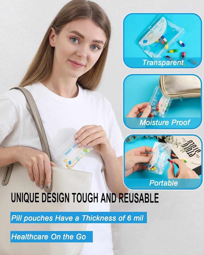 100 Pack Pill Pouch Bags - (4" X 2.75") Thickness is 6 Mil, Portable Plastic Pills Bag Hold Vitamin, Supplements, Medication, and Vitamin Storage 5