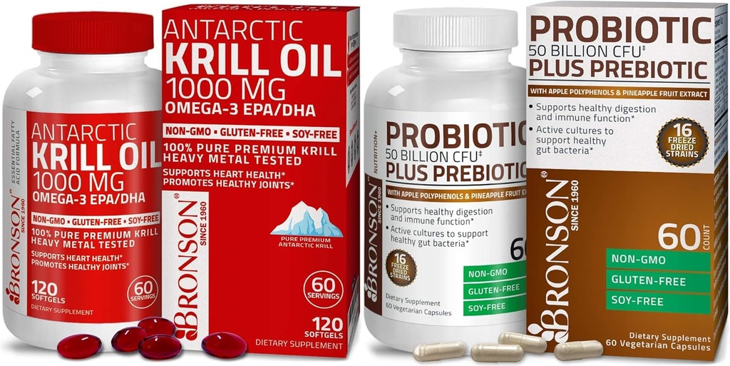 Bronson Probiotic 50 Billion CFU + Prebiotic with Apple Polyphenols & Pineapple Fruit Extrac Antarctic Krill Oil 1000 mg with Omega-3s EPA DHA 2