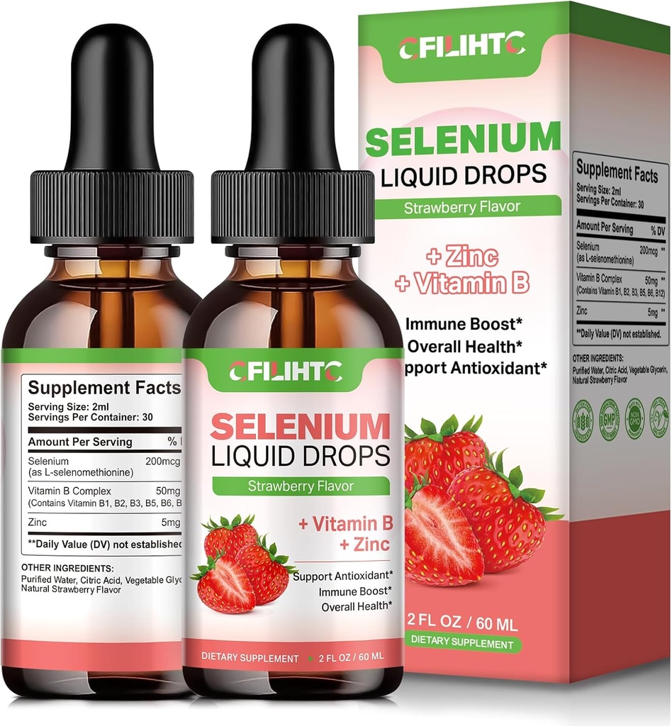 Selenium Liquid Drops - 200mcg Liquid Selenium Supplement with Vitamin B Complex & Zinc - Support for Immune System, Antioxidant & Heart Health, High Absorption - Strawberry Flavor, 2 Fl Oz 2