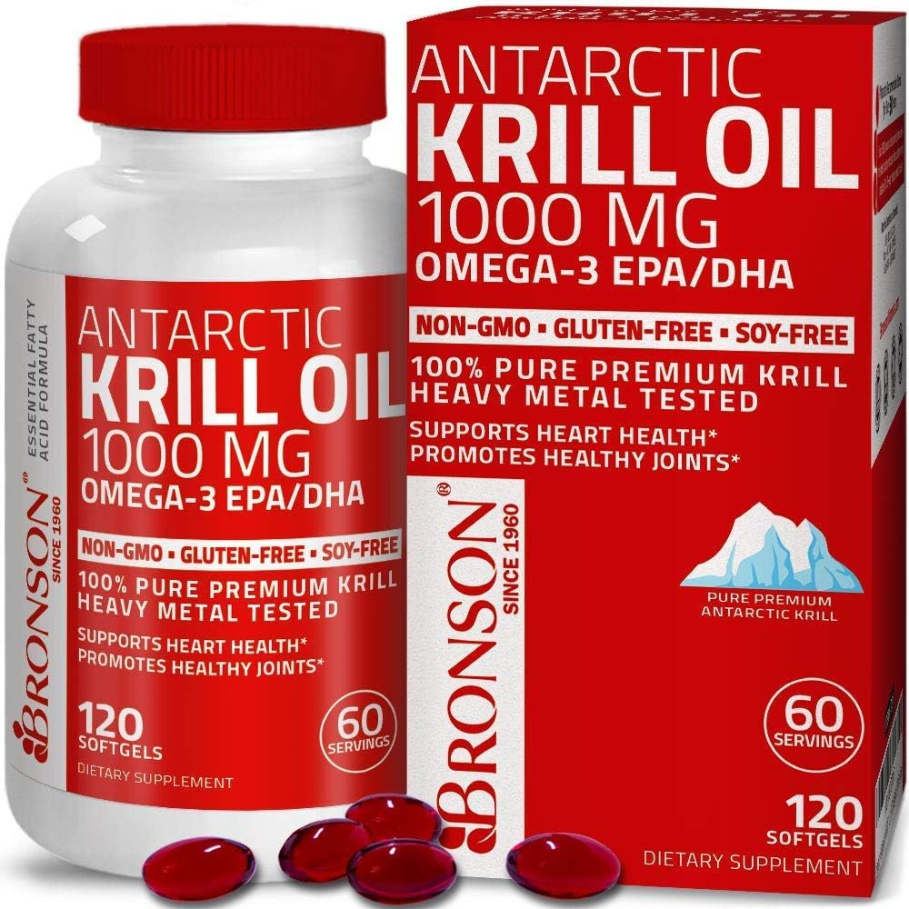 Bronson Probiotic 50 Billion CFU + Prebiotic with Apple Polyphenols & Pineapple Fruit Extrac Antarctic Krill Oil 1000 mg with Omega-3s EPA DHA 4