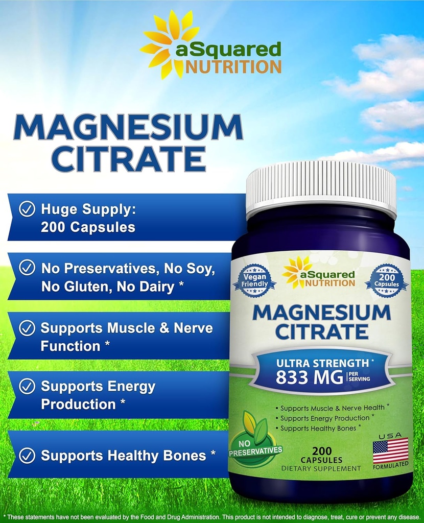 aSquared Nutrition Magnesium Citrate 833mg Supplement - 200 Capsules - Max Strength Vegan Mag Citrate Powder Pills to Support Pure Function of Muscles, Heart & Bones - Helps Increase Energy 4