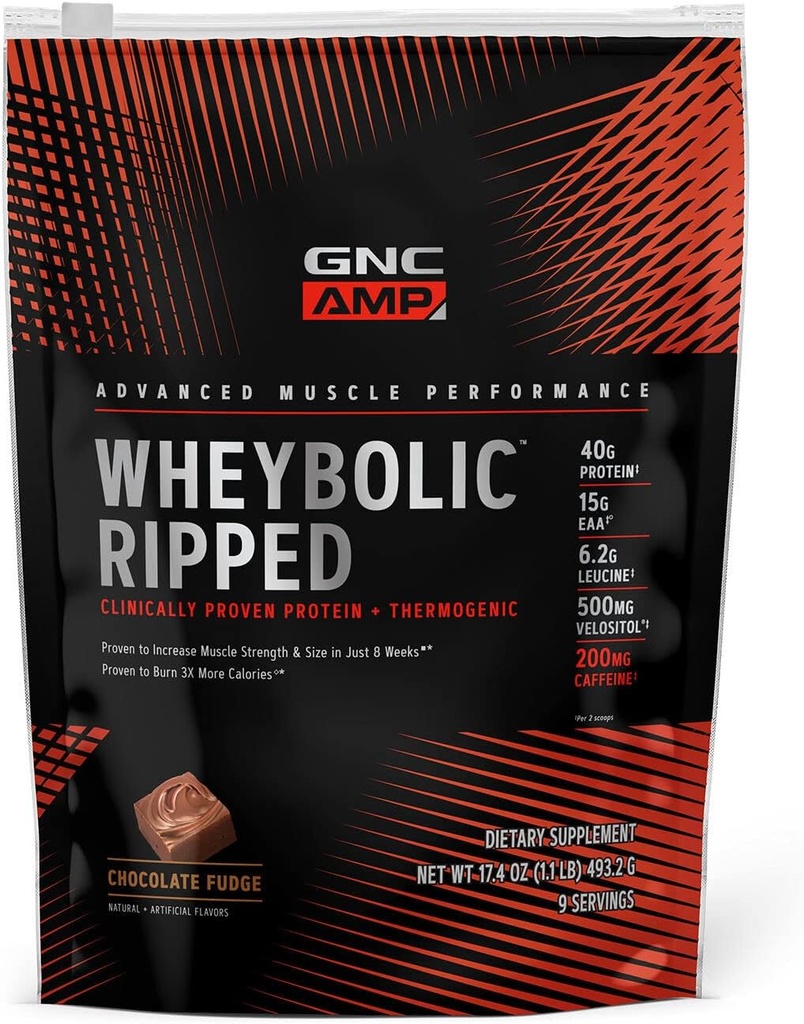 GNC AMP Wheybolic Ripped Protein Powder & Thermogenic Supplement, Increases Muscle Strength & Size, Energy & Endurance, 40g Protein, 6.2g Leucine, 15g EAA, Caffeine, Chocolate Fudge, 9 Serving 2