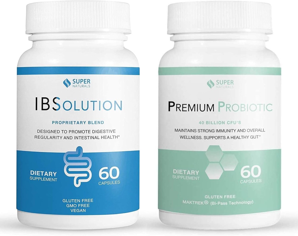 IBSolution Gut Health Bundle - All Natural Gut Health Support & Premium Probiotics w/ 40 Billion CFU for Support of Irregular Bowels, Bloating, Constipation, Gas, Abdominal Pain - 2 Pack (120 Caps) 2