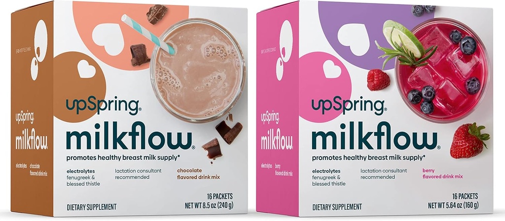 Upspring Milkflow Electrolyte Breastfeeding Supplement Drink Mix with Fenugreek 16 Count Chocolate and 16 Count Berry Flavor Bundle,Lactation Supplement to Promote Healthy Breast Milk Supply & Restore 2