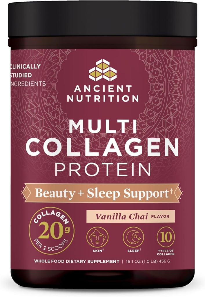Ancient Nutrition Collagen Powder Protein, Multi Collagen Protein Beauty + Sleep with Vitamin C, Vanilla Chai, Hydrolyzed Collagen Peptides Supports Skin and Nails, Sleep, 16.1oz 2