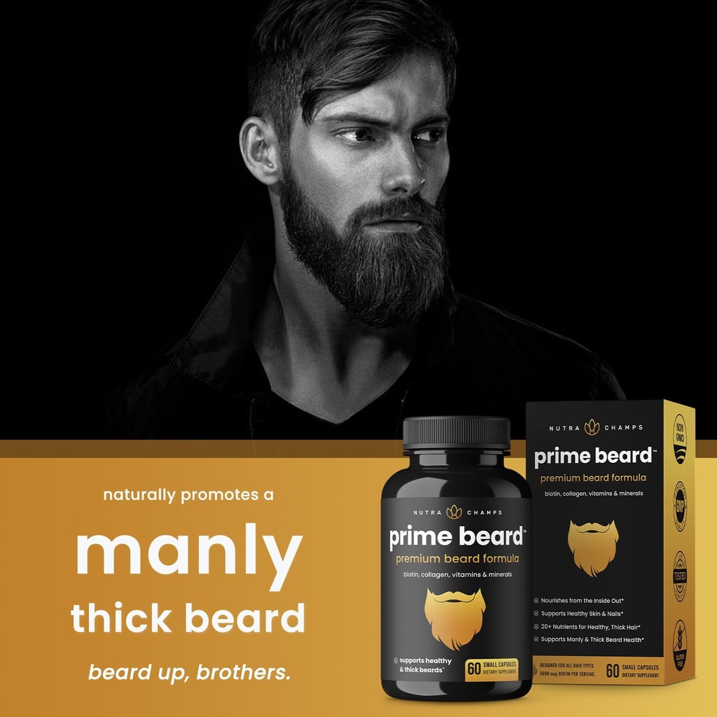 NutraChamps Prime Beard Vitamins | Manly, Thick, Fast & Healthy Facial Hair for Men | Beard Vitamins with Biotin, Collagen & Saw Palmetto | Beard Pills for All Hair & Beard Types 4