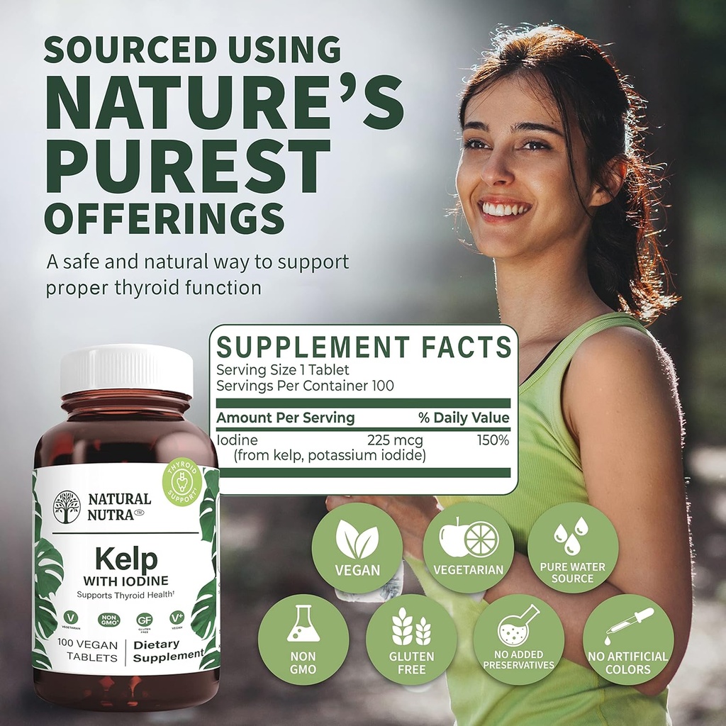 Natural Nutra Kelp Iodine Thyroid Support Supplement, Strengthens Immune System, and Regulates Metabolism, Vegan Sea Kelp, Non GMO, Atlantic Sourced Seaweed Extract, 225 mcg, 100 Tablets 4