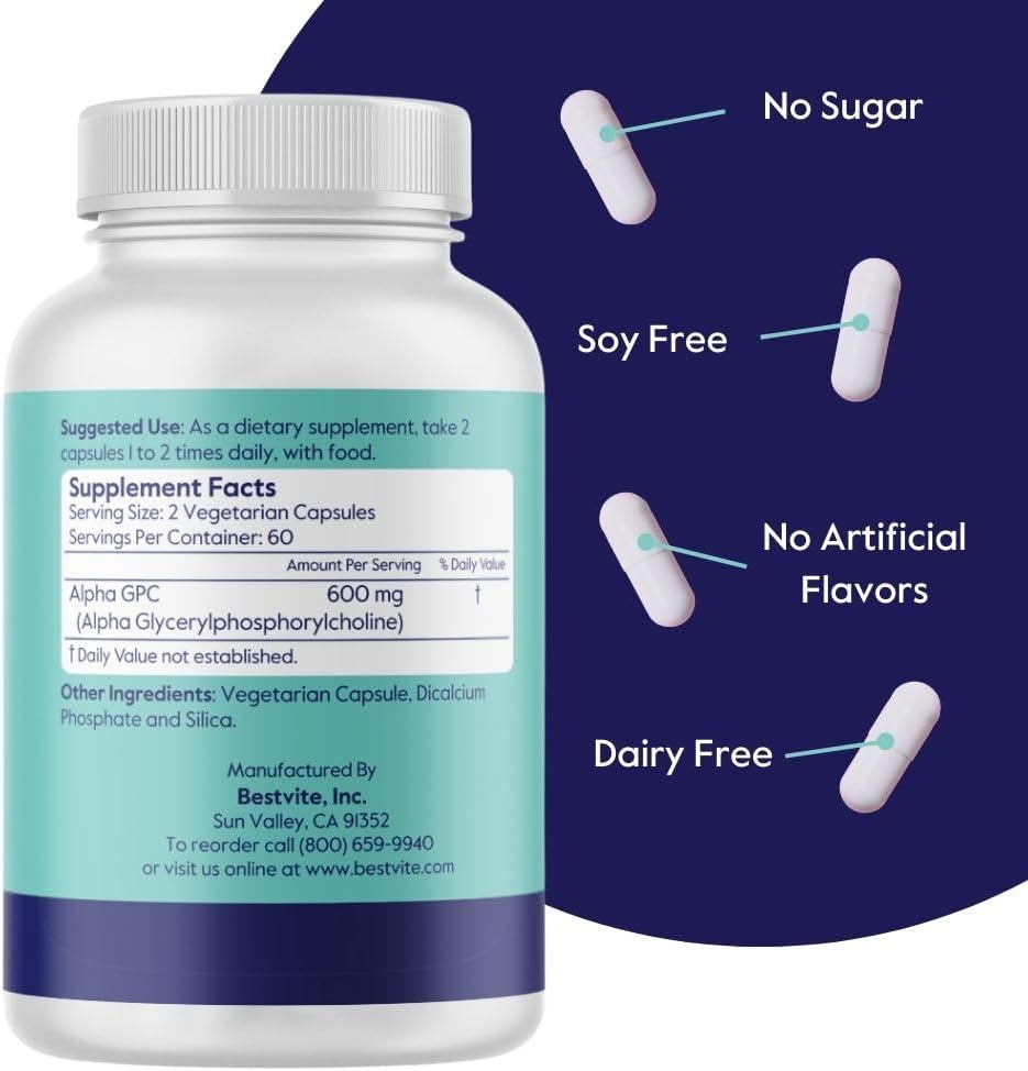 BESTVITE Alpha GPC Choline 600mg Per Serving (120 Veggie Capsules) - No Stearates - Vegan - Non GMO - Gluten Free 4
