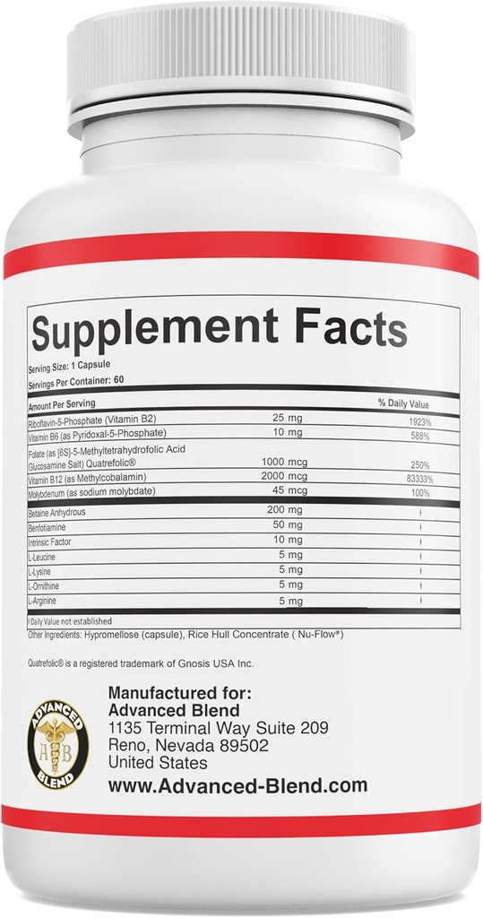 Advanced Blend MTHFR with 1000 mcg Quatrefolic. 1500 mcg Methylcobalamin with Amino Acids to Aid in Detox. Intrinsic Factor for B12 Absorption. 60 Veggie Capsules. 3