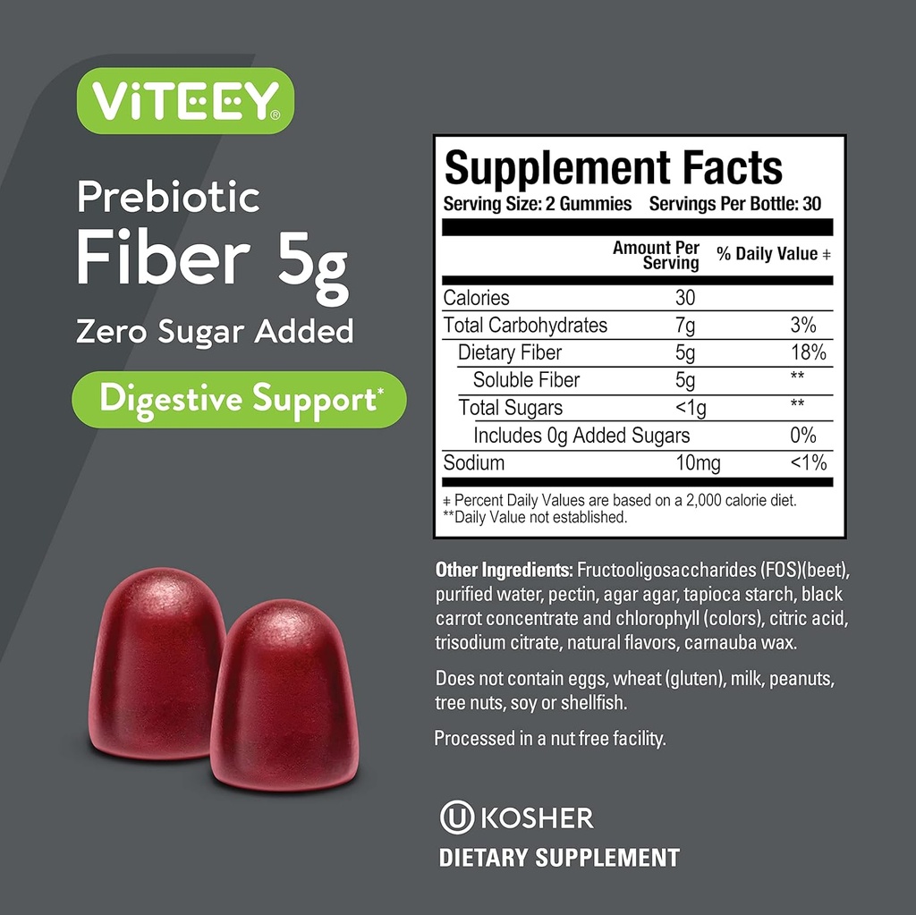 Viteey Prebiotic Fiber Gummies for Adults, 5g - Gut Health & Digestive Soluble Fiber Supplement Gummies - Zero Sugar Added, Vegan, Gluten-Free - 60 Count 5