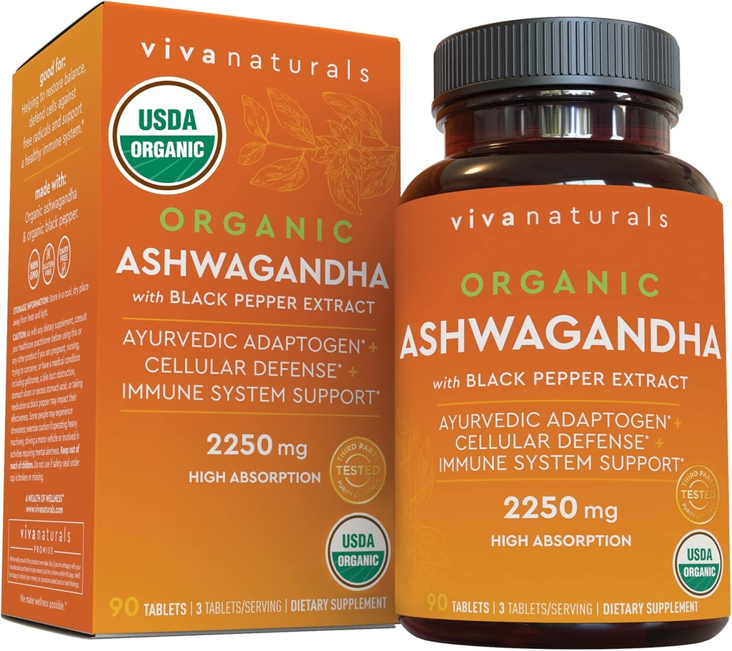 Organic Ashwagandha Supplement with Black Pepper - Includes 2250 mg Ashwagandha Root Powder & Organic Black Pepper for Superior Absorption (90 Tablets), Antioxidant & Immune Support 2