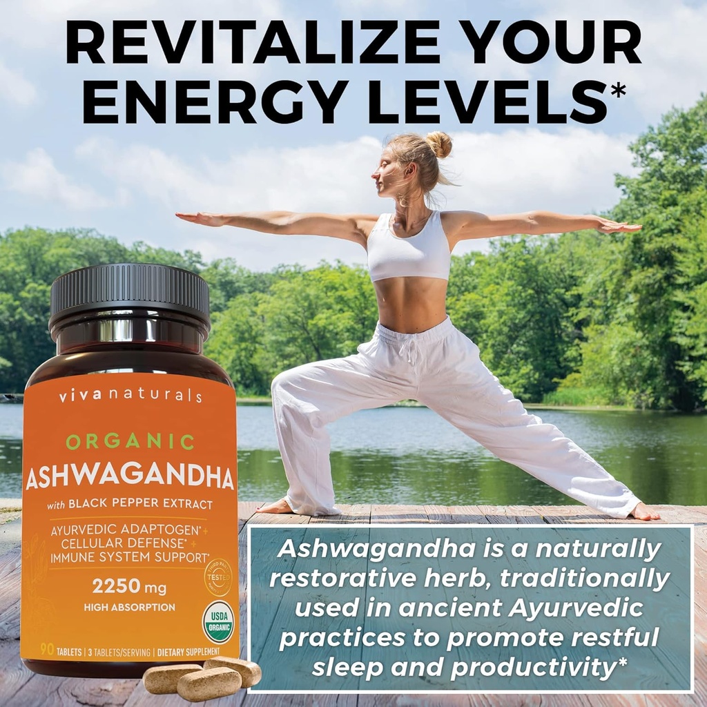 Organic Ashwagandha Supplement with Black Pepper - Includes 2250 mg Ashwagandha Root Powder & Organic Black Pepper for Superior Absorption (90 Tablets), Antioxidant & Immune Support 4