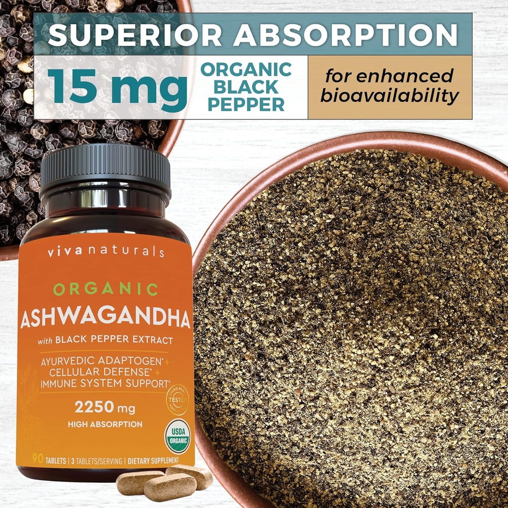 Organic Ashwagandha Supplement with Black Pepper - Includes 2250 mg Ashwagandha Root Powder & Organic Black Pepper for Superior Absorption (90 Tablets), Antioxidant & Immune Support 6