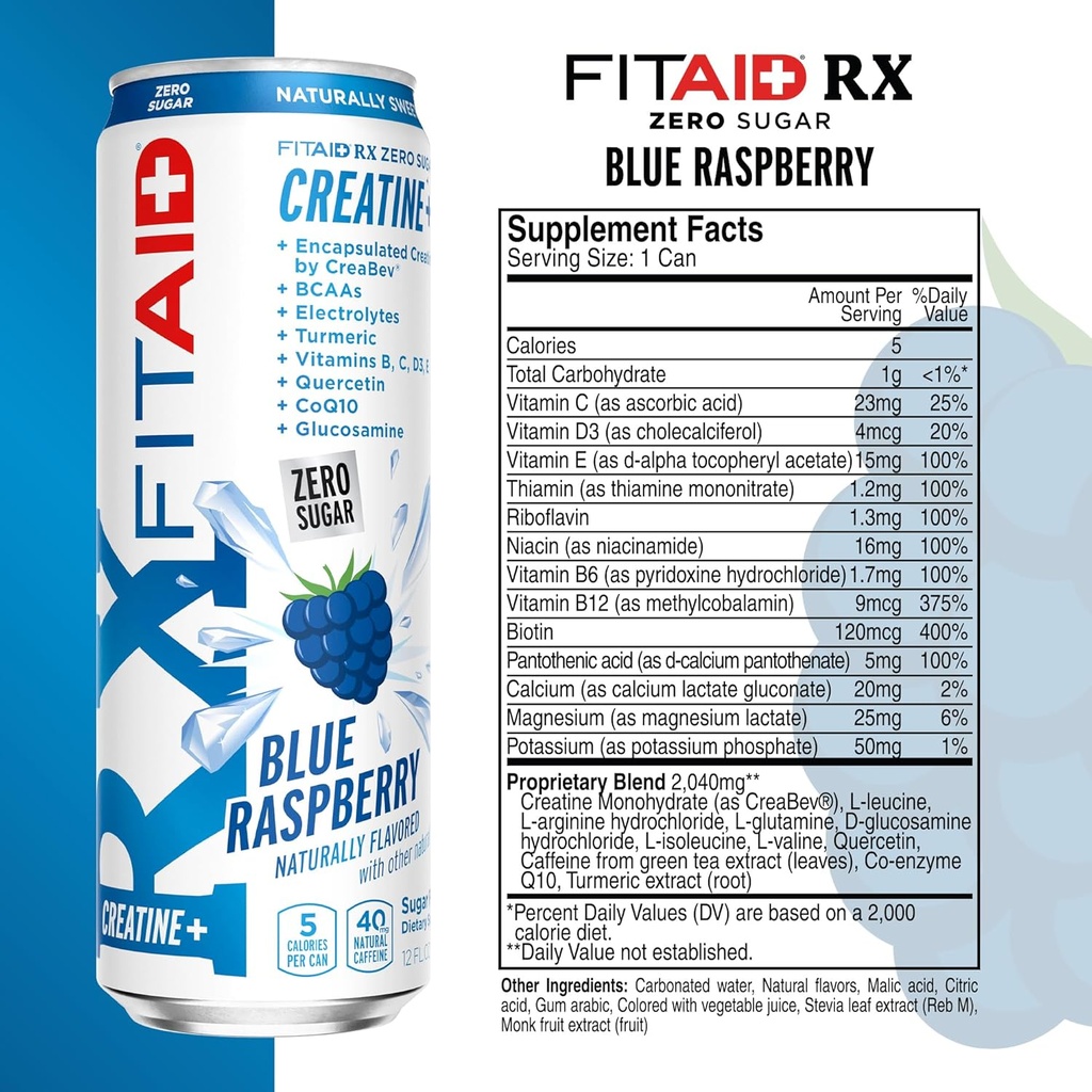 FITAID RX Zero Sugar, Encapsulated Creatine, Workout Recovery Drink, All-In-One Blend, BCAAs, Glucosamine, Turmeric, B-Complex, Electrolytes, Variety Pack, 12 Fl Oz (Pack of 12) 4