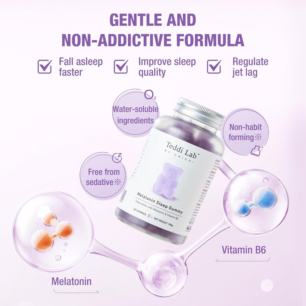 Unichi Melatonin Gummy, Scientifically Formulated with 3mg of Melatonin and 4mg of Vitamin B6 for Enhanced Sleep Quality, 0 Sugar, Gluten-Free, Non-GMO, Great-Tasting Lemon Lavender Flavour, 60 Count 6
