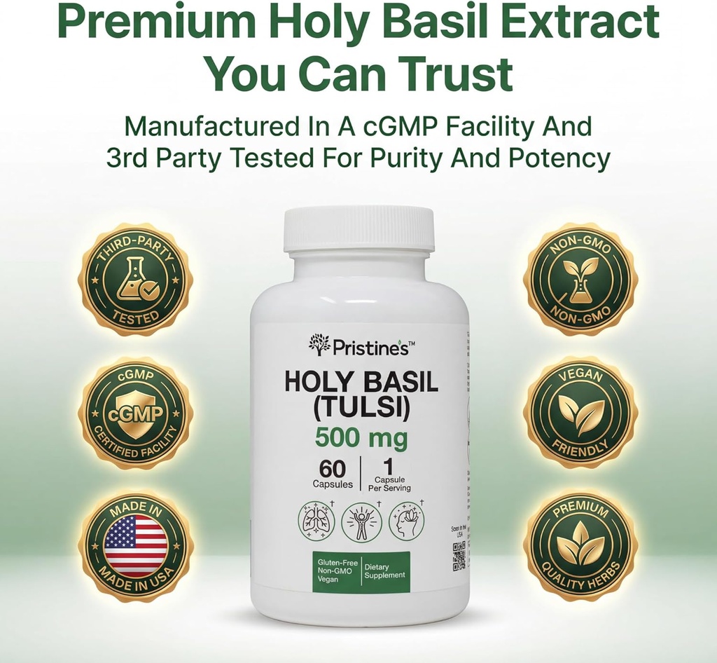 PRISTINE'S Holy Basil Capsules - 500 mg Gluten Free Immunity & Relaxation Support Adaptogen Supplement - 60 Day Supply - Tulsi Holy Basil Leaf Extract Capsules - Vegan - Non-GMO 3