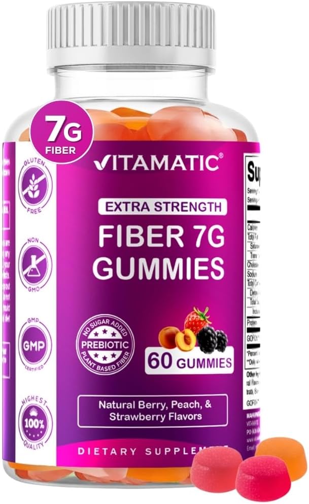 Vitamatic Prebiotic Fiber Gummies for Adults – 7g Fiber per Serving – 60 Pectin-Based Gummies Extra Strength, Zero Sugar Added – Supports Digestive Health & Regularity – Non-GMO, Vegan, Gluten-Free 2