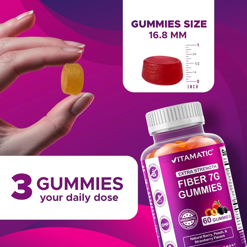 Vitamatic Prebiotic Fiber Gummies for Adults – 7g Fiber per Serving – 60 Pectin-Based Gummies Extra Strength, Zero Sugar Added – Supports Digestive Health & Regularity – Non-GMO, Vegan, Gluten-Free 5