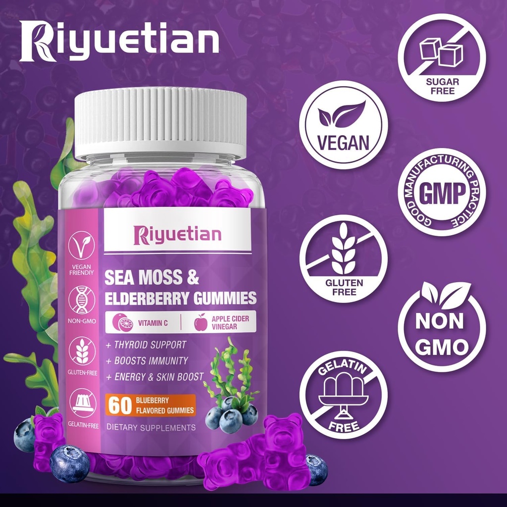 Sea Moss & Elderberry Gummies, Blueberry Flavored Gummy, Vitamins Sea Moss Supplements with Vitamin C + Zinc and Apple Cider Vinegar, Good Texture, Vegan-Friendly, 120 Count(Pack of 2) 5