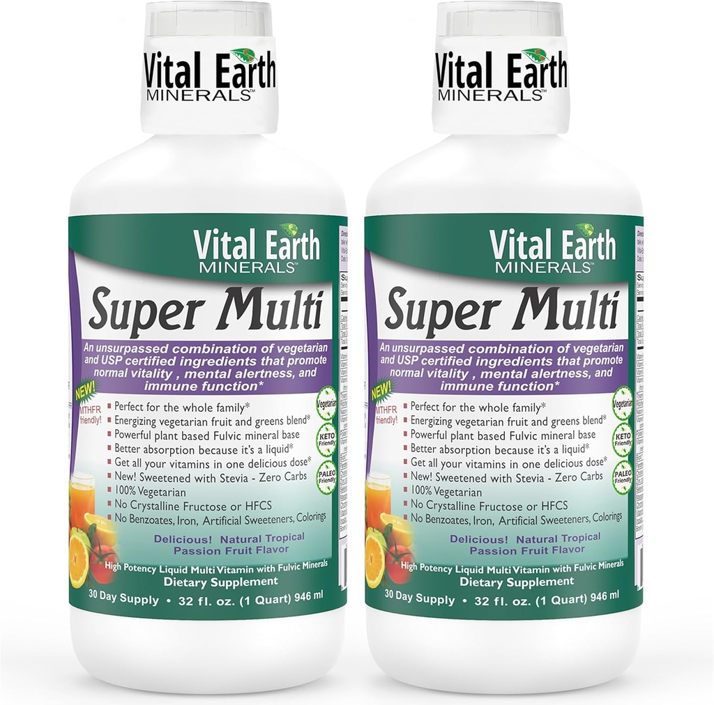 Vital Earth Minerals Super Multi 2-Pack – Liquid Multivitamins for Women, Men & Kids, Liquid Vitamins with Fulvic Acid for Better Absorption, MTHFR Support, 32 Oz Ea + 1 Oz Cup 2