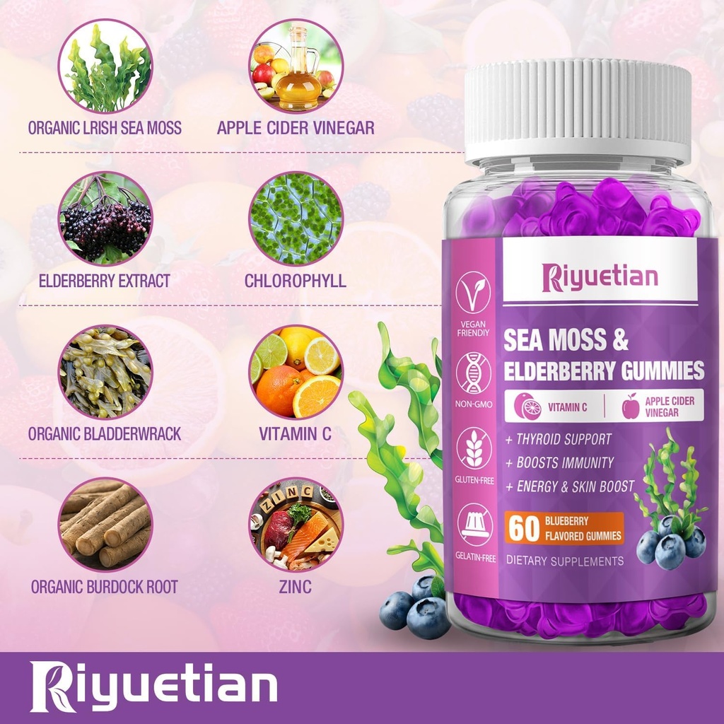 Sea Moss & Elderberry Gummies, Blueberry Flavored Gummy, Vitamins Sea Moss Supplements with Vitamin C + Zinc and Apple Cider Vinegar, Good Texture, Vegan-Friendly, 120 Count(Pack of 2) 6