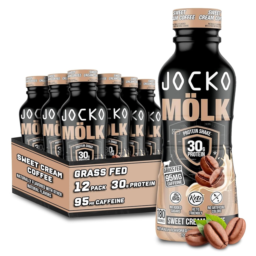 Jocko Fuel Mölk 30g Grass Fed Protein Shakes - No Added Sugar Protein Drinks KETO Friendly - Ready to Drink 12 FL Oz (Pack of 12) Sweet Cream Coffee 2