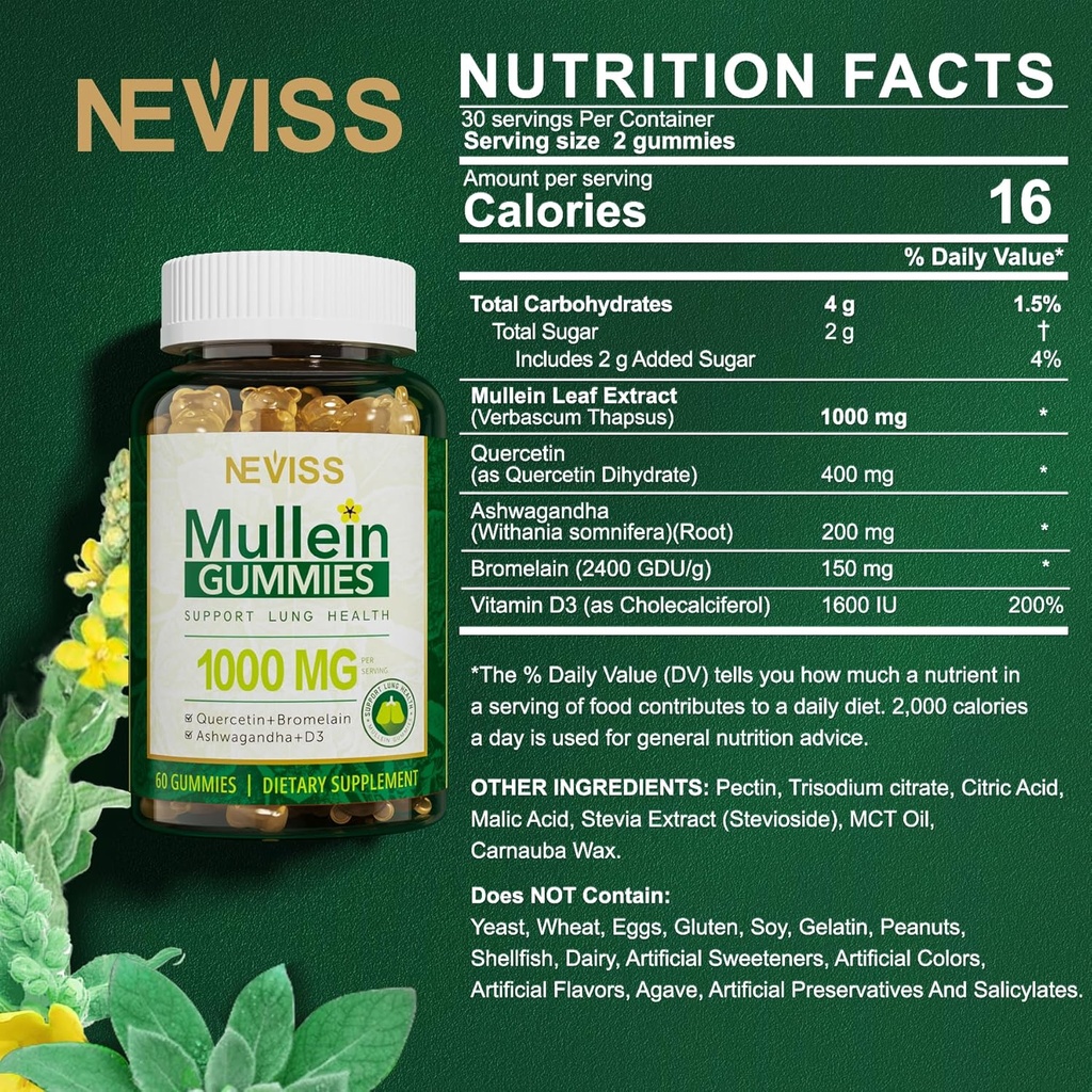 NEVISS Mullein Gummies for Lungs, Organic Mullein Leaf Extract 1000mg for Respiratory System with Quercetin & Bromelain, D3 for Digestive Support, Immune Booster, Sugar Free, Vegan, 120 Count 3