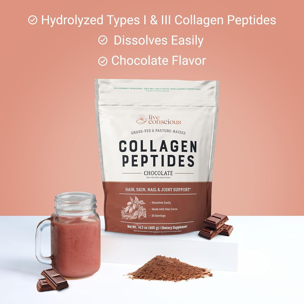 Live Conscious Collagen Peptides Powder - Chocolate Collagen Powder - Hair, Skin, Nail, and Joint Support - Type I & III Grass-Fed Collagen Supplements for Women and Men - 30 Servings - 15oz 5