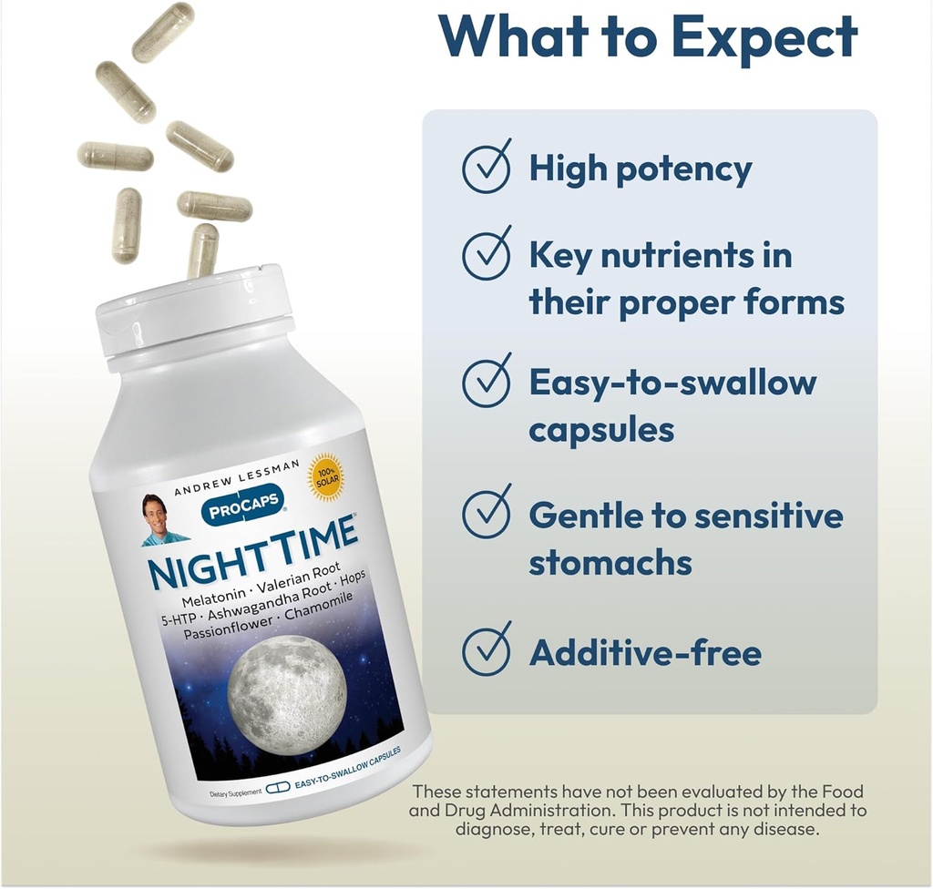 ANDREW LESSMAN Night Time 360 Capsules - 3mg Melatonin, Valerian, Ashwagandha, Passionflower, Hops, Chamomile. No Morning Grogginess. Natural Support, Gentle Restful Sleep. Easy to Swallow Capsules 5