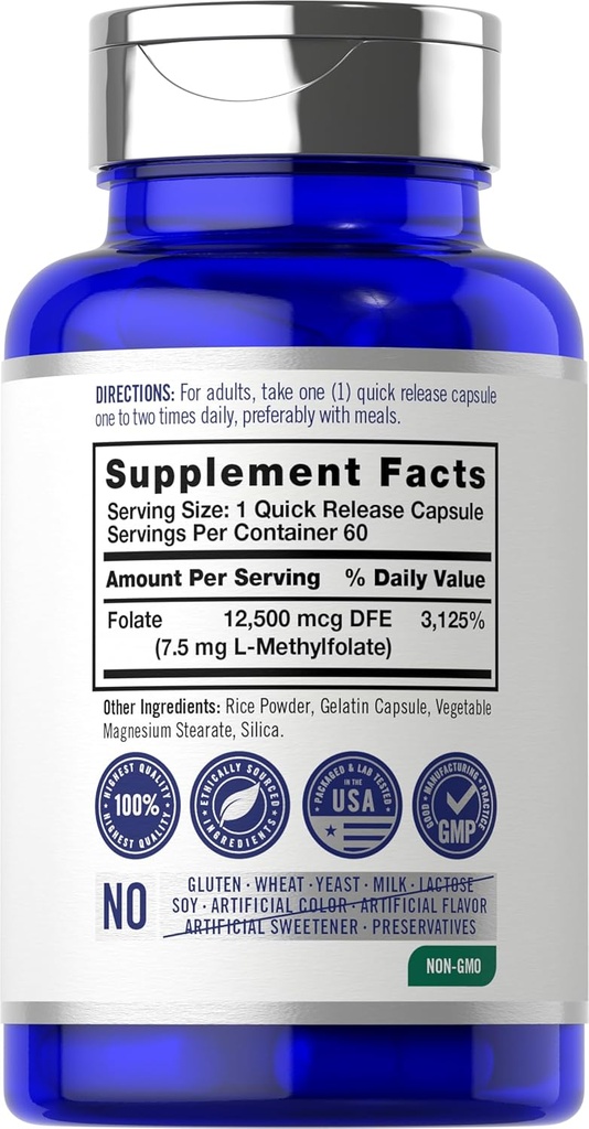 Carlyle L Methylfolate 7.5 mg | 60 Capsules | Optimized and Activated | Non-GMO, Gluten Free | Methyl Folate, 5-MTHF | by Opti-Folate 3