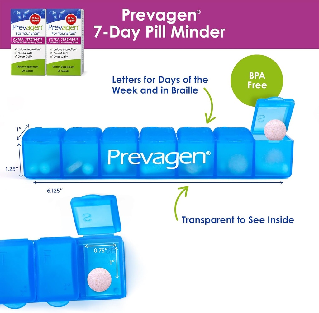 Prevagen Extra Strength Mixed Berry Chewables - 60 Tablets (2 Month Supply) | Formulated for Your Brain | 20mg of Apoaequorin Plus Vitamin D3 with 7-Day Pill Minder 3