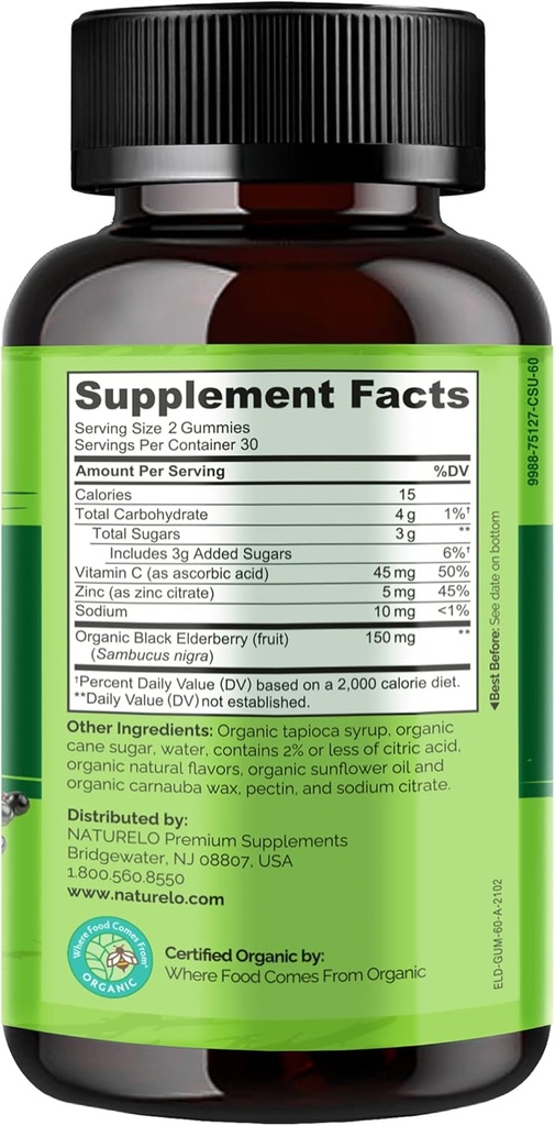 NATURELO Elderberry Gummies Immune Support with Sambucus Elderberry + Vitamin C + Zinc Certified Organic, 60ct 4