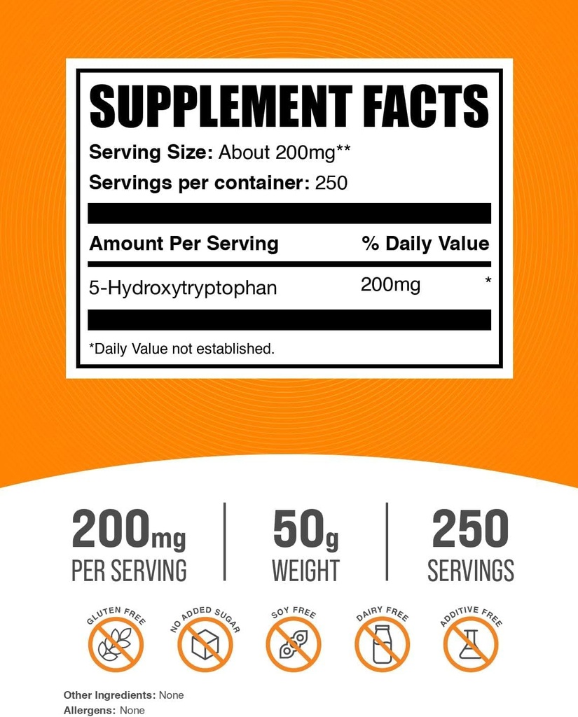 BulkSupplements.com 5-HTP Powder - 5-Hydroxytryptophan, 5 HTP Supplement - 5-HTP 200mg, Mood Support Supplement - Gluten Free, 200mg per Serving, 50g (1.8 oz) (Pack of 1) 3
