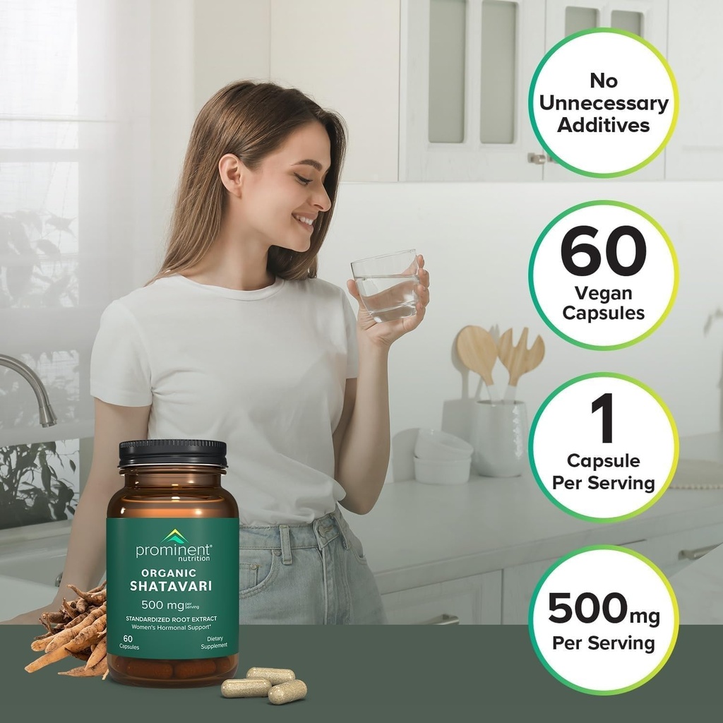 Prominent Nutrition Organic Shatavari Capsules, Hormone Support for Women, 500 mg, 60 Count, Standardized Root Extract Formulated for Women’s Health - 1 Pack 6