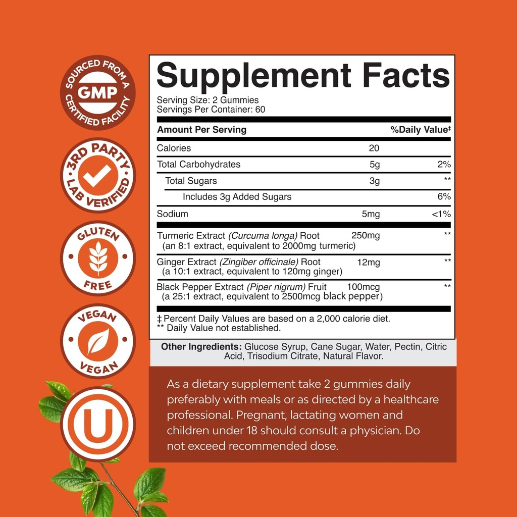 Turmeric Gummies for Adults Peach Flavor - Extra Strength Joint Support Gummies with Turmeric Curcumin with Black Pepper Extract and Ginger - and Ginger Peach Vitamins for Adults 4