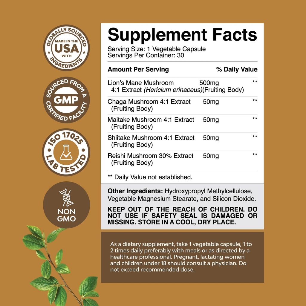 Advanced Lion's Mane Mushroom Supplement - Lions Mane Supplement Capsules with Reishi, Chaga, Maitake & Shiitake for Brain Health Memory Support & Focus - Nootropic for Mental Clarity - 30 Caps 4