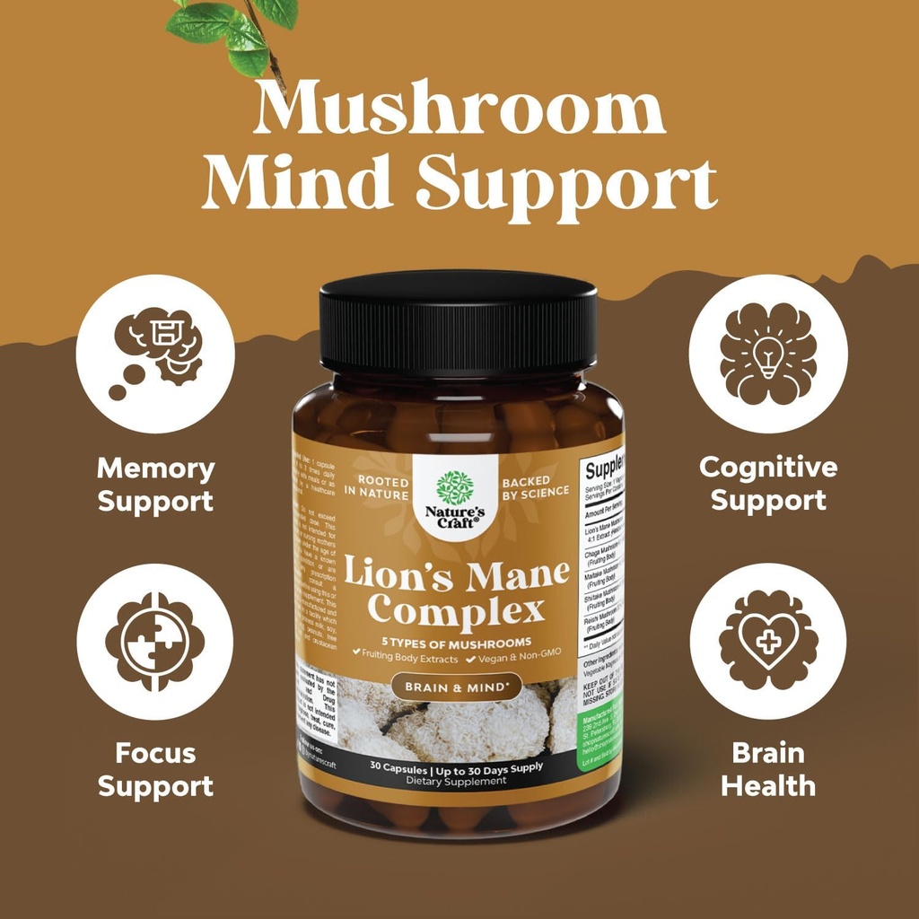 Advanced Lion's Mane Mushroom Supplement - Lions Mane Supplement Capsules with Reishi, Chaga, Maitake & Shiitake for Brain Health Memory Support & Focus - Nootropic for Mental Clarity - 30 Caps 5